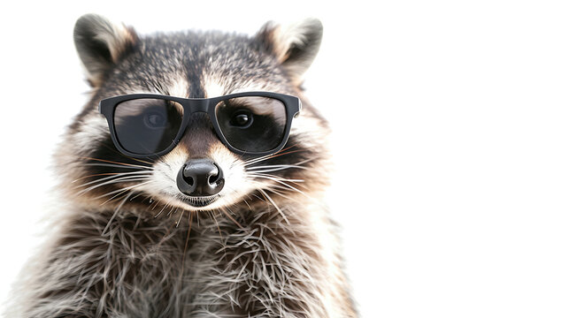 A close-up of a raccoon wearing sunglasses, looking at the camera with a curious expression.