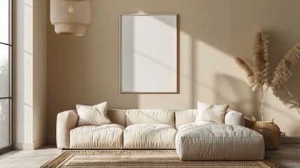 A living room with a white couch and a white framed picture on the wall. The couch is covered in pillows and the room has a clean and minimalist look