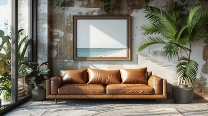 A brown leather couch is in a room with a large picture of a beach in the background. The room has a modern and sophisticated feel, with a potted plant and a vase on a table