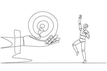 Single continuous line drawing robot was excited to get the arrow target board from a giant hand. Train focus. Hit the target exactly. Future technology concept. One line design vector illustration