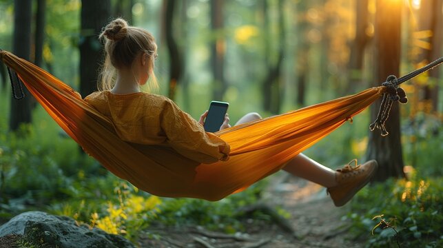 Blonde woman sitting in a hammock with a smartphone at a campsite