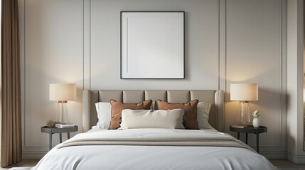 A large bed with a white comforter and pillows, and a white framed picture on the wall