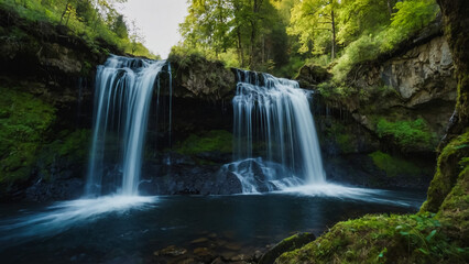 Fototapeta premium Landscape with river and forest with green trees. Silky crystal water and long exposure. Ordesa Pyrenees. 