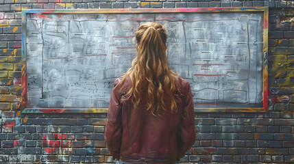 Young woman with long hair in dark red jacket stands of graffiti on blue brick wall