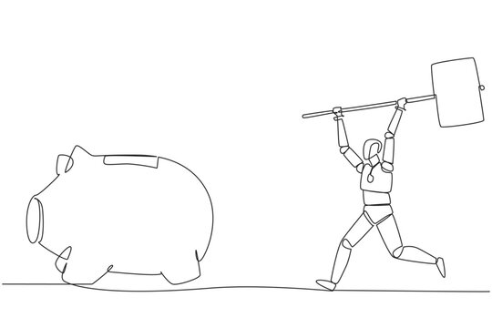 Single continuous line drawing robot holding a big hammer chasing big running piggy bank. Artificial intelligence trials require funding. Disburse emergency funds. One line design vector illustration