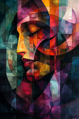 abstract illustration of a female face with gradient from dark to light, neo-cubism, geometric forms, dark colors, illustration // ai-generated 
