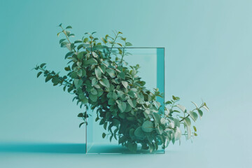 A digitally generated image depicting plants growing through a cubic shape, symbolizing nature's resilience and the integration of greenery into urban environments.

