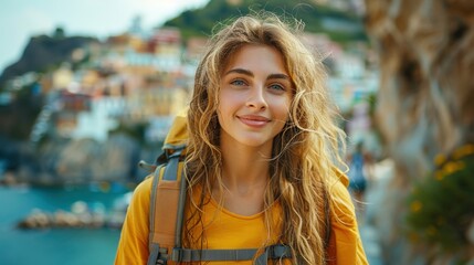 Traveler blonde woman with hat and backpack