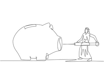 Single one line drawing Arab businessman holding big syringe and want to inject it into big piggy bank. Additional capital. Trigger enthusiasm for business. Continuous line design graphic illustration