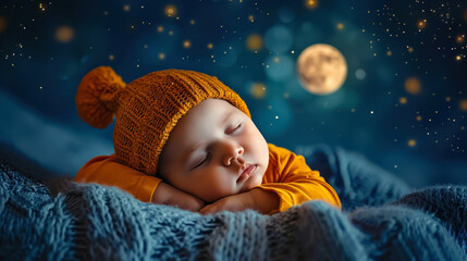peaceful newborn baby asleep in warm orange hat under starry night sky