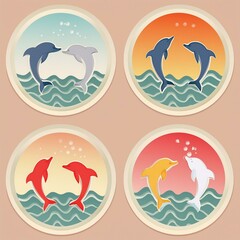 Naklejka premium Circular Dolphin Stickers featuring images of dolphins gracefully gliding through azure wateR