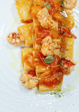Paccheri pasta with prawns and fresh tomato
