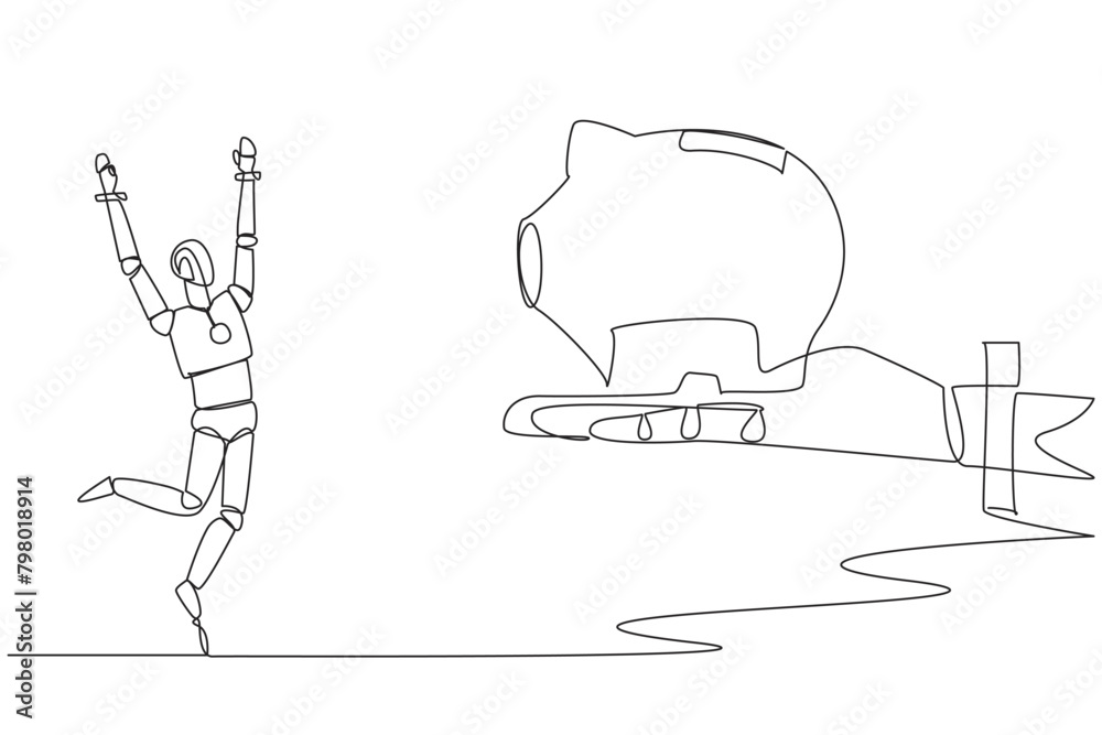 Poster single one line drawing a robot happy to get a piggy bank from giant hand. invest in algorithm testi