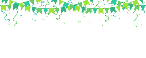 celebration party banner with green garland flag and confetti background vector illustration. greeting card design