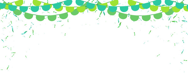 holiday festival celebration background banner with green bunting garland flag and confetti