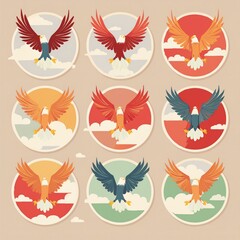 Fototapeta premium Circular Eagle Stickers adorned with images of eagles soaring high above the clouds