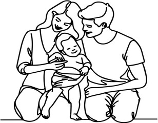 Continuous one black line art drawing happy family father and mother with child