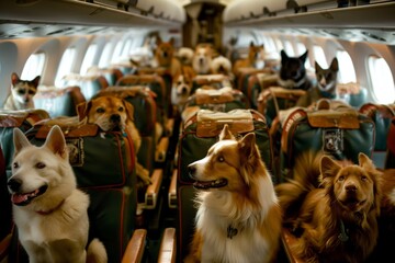 Pets on Board: Cats and Dogs Flying in Airplane Cabin. Cats and dogs comfortably seated in plane...