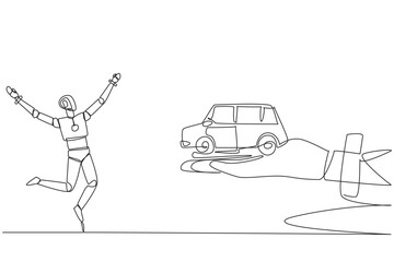 Single continuous line drawing a robot excited to get miniature car from giant hand. Duplicating artificial intelligence. Car technology in the future. Development. One line design vector illustration