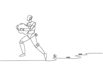 Single one line drawing a robot running while carrying a piggy bank with coins scattered around. Helps maintain profits. Artificial intelligence technology. Continuous line design graphic illustration