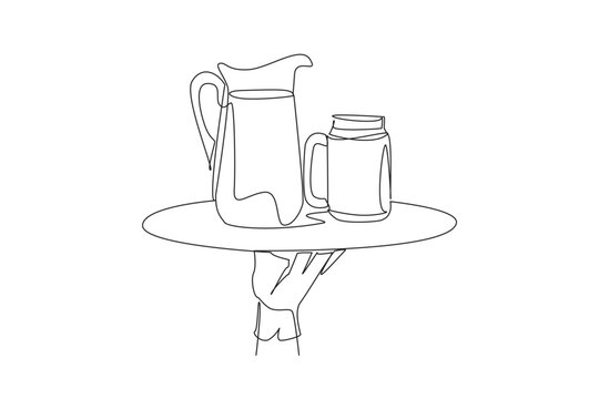 recommend clip art: Continuous one line drawing the waiter holds food tray serving glass of lemonade and pitcher. More delicious to enjoy in summer. Refreshing drink. Healthy. Single line draw design vector illustration
