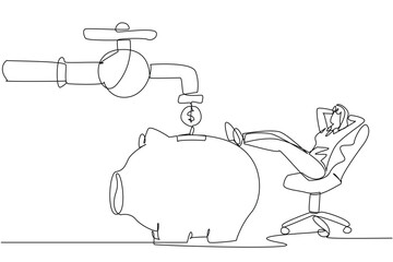 Single one line drawing businesswoman sit relax on chair to see money faucet flow into savings piggy bank. Huge financial benefits. Free from debt. Success. Continuous line design graphic illustration