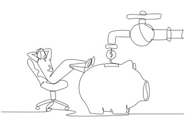 Fototapeta premium Single continuous line drawing Arab businessman sit relax on chair to see money faucet flow into savings piggy bank. Financial freedom. Guaranteed finances. Profit. One line design vector illustration