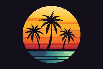 Craft a striking logo featuring a Hawaiian sunset, palm treesrant hues, set against a clean Minimalist Vector Illustration 