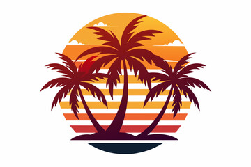 Craft a striking logo featuring a Hawaiian sunset, palm treesrant hues, set against a clean Minimalist Vector Illustration 