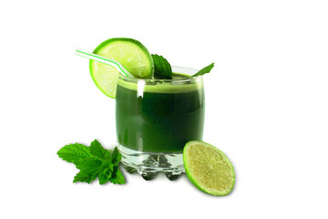 glass of green juice of mix vegetable and fruit with lemon slice and mint leaves,cutout in...