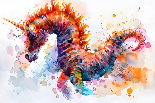 Colorful Watercolor Seahorse with Whimsical Patterns