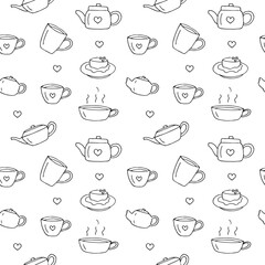 Tea time, seamless pattern dishes, vector illustration hand drawn doodles