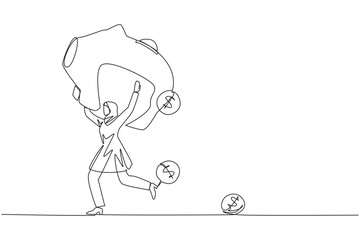Single one line drawing Arab businesswoman running lifting big piggy bank on shoulders. Dollar symbol coin falling. Save profit value. Futures investment. Continuous line design graphic illustration