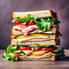 club sandwich with ham cheese vegetables and salad on a brown background side view