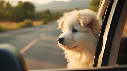 Happy dog with head out of the car window having fun