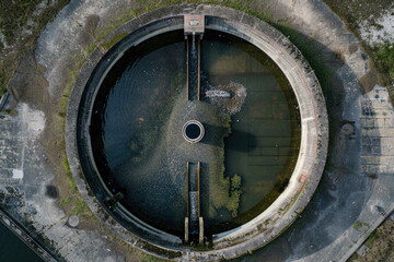 A drone image looking down on a water treatment facility, illustrating modern infrastructure for clean water supply and environmental stewardship.

