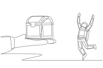 Single one line drawing astronaut excited to get the treasure chest from the giant hand. Antique and ancient items. Very valuable. Cosmonaut outer space. Continuous line design graphic illustration