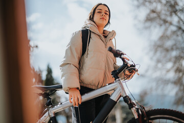 A young woman with her bike relishes the tranquility of a day in the park, amidst nature.