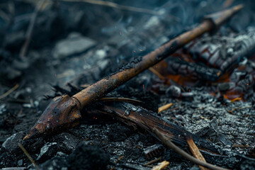 A javelin, its wooden shaft splintered and broken, cast aside amidst the wreckage of war. - obrazy, fototapety, plakaty