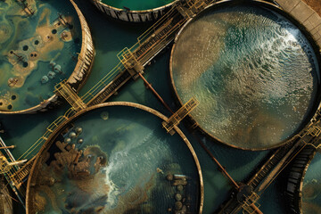 Fototapeta premium A drone image looking down on a water treatment facility, illustrating modern infrastructure for clean water supply and environmental stewardship.