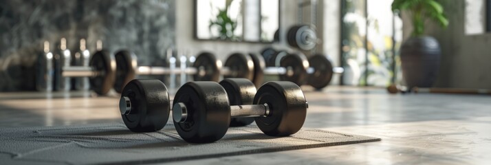 Fitness Background. 3D Rendering of Dumbbells and Training Equipment in Black Gym Room
