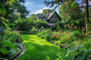 Fototapeta na wymiar Landscape Home. Beautifully Designed Home Garden Landscaping in Summer