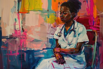 A realistic painting of a woman with a stethoscope. Suitable for medical concepts