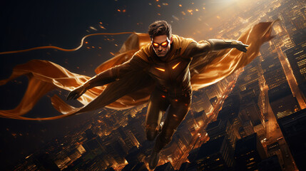 Superhero flying in the sky with costume and cape. Action movie blockbuster shot.