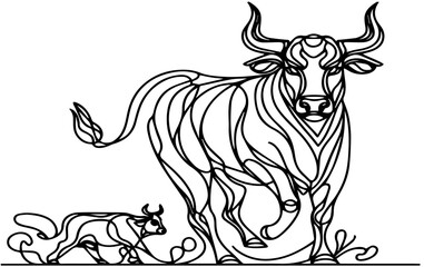 Outline drawing illustration white and black bull