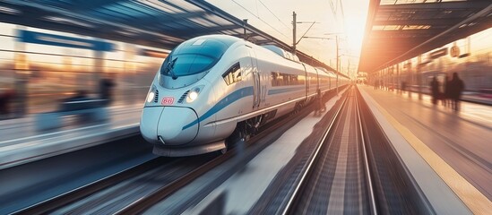 High speed train in motion on the railway station at sunset. Fast moving modern passenger train on railway platform. Railroad with motion blur effect. Futuristic high speed train.