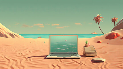 Relaxing beach scene with laptop on the sand. Retro styled vacation or remote work concept.