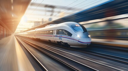 Fototapeta premium High speed train in motion on the railway station at sunset. Fast moving modern passenger train on railway platform. Railroad with motion blur effect. Futuristic high speed train.