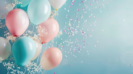 Imagine a whimsical scene with soft pastel balloons and delicate white confetti adorning a serene blue backdrop