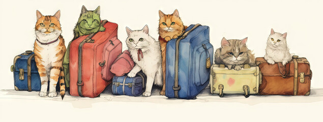 Cute cats family travelling with luggage. Watercolor styled kittens with suitcases.